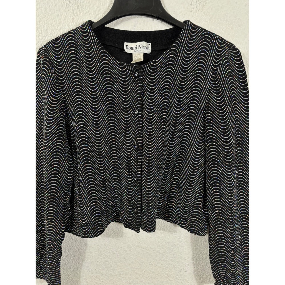 Ronni Nicole Cardigan Women L Black Vintage Glitter Wave‎ Cropped Button Front